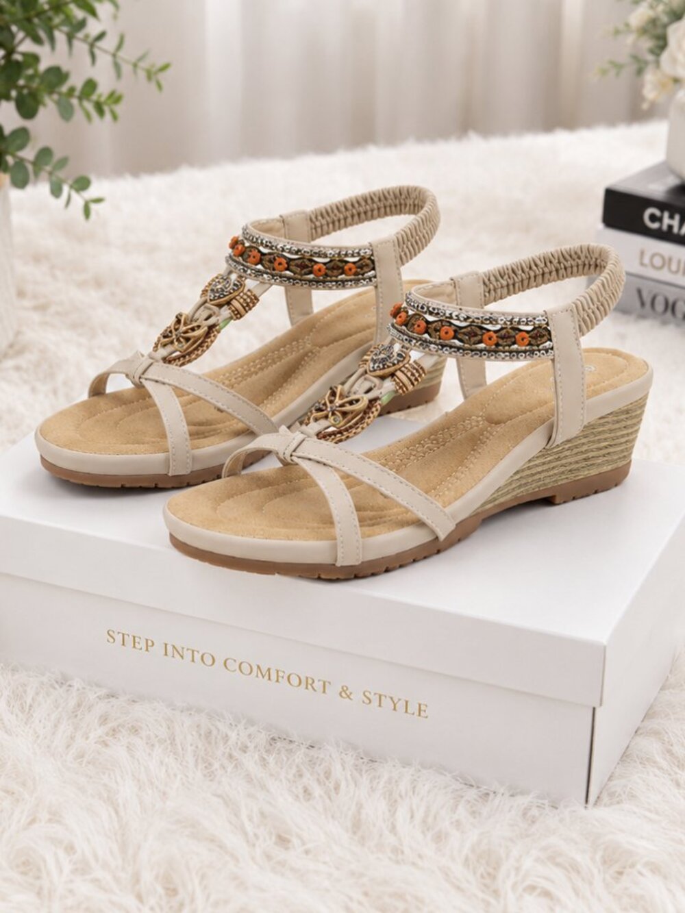 Boho Beaded Wedge Sandals Women's Beige Comfort Elastic Ankle Strap Shoes NWT